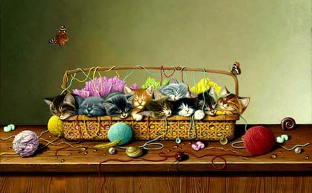 Sleepytime - cherry, butterflies, table, marbles, yarn, basket, wheat, kittens, ring