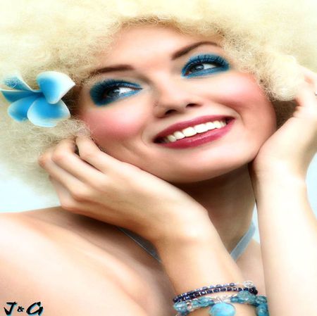 BLUE MAKEUP - smile, blue, woman, beauty, makeup, flower, happy