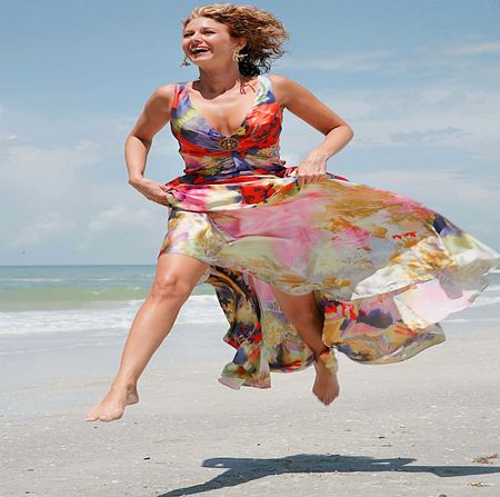 HAPPY DAY - woman, sky, beach, day, sunny, jump, dress, happy