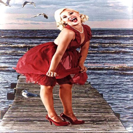 PICTURE BY OCEAN... - smile, birds, water, woman, dress, ocean, happy, life