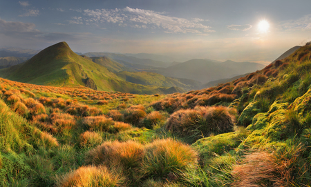 view - clouds, beautiful, grass, colors, cool, mountain, nature, view, nice, mountains, sun, sky