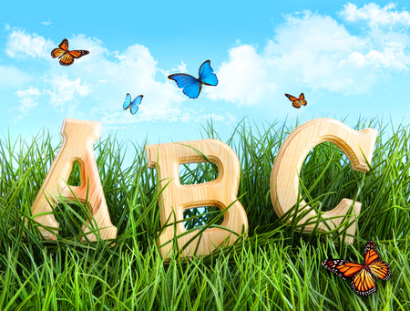 A B C... - nice, sky, nature, cool, clouds, beautiful, letters, grass, butterflies