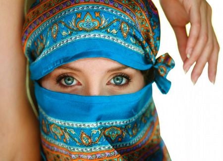 BLUE EYES - scarf, blue, woman, eyes, face, cover