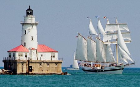 Tall-Ship-And-Lighthouse - lighthouse, ocean, sailing, boat