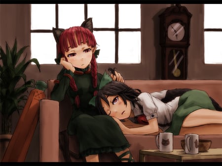 Nothing to do - tail, cat, couch, red hair, bird, cup, touhou, kaenbyou rin, okuu, clock, orin, short hair, reiuji utsuho, cat ears