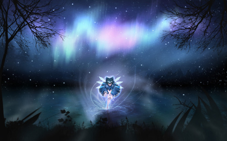 Aurora Cirnoalis - ice, lake, aurora borealis, blue eyes, night, mist, blue hair, touhou, ribbon, short hair, cirno