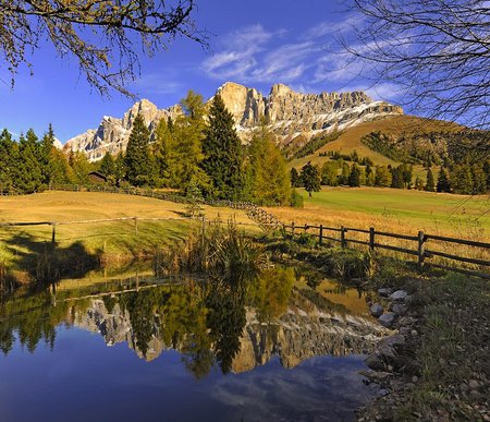 Autumn Lake Reflection - Dolomites - trees, autumn fall, beautiful, art photo, lake, field, mountains, reflection