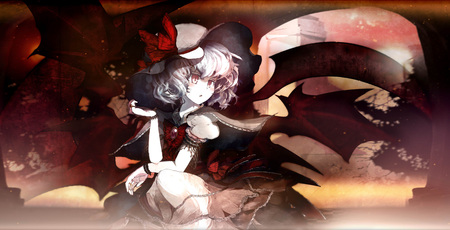 Remi-sama - red eyes, remilia scarlet, touhou, full moon, wings, purple hair, vampire, short hair