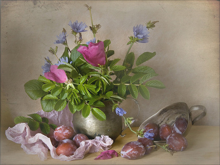 still life for Ahava - flowers, iron pot vase, beautiful, table, art photo, fruits, still life, composition