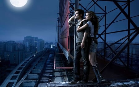 THE HEIGHT OF ROMANCE - moon, building, couple, romantic, height, night, romance, stucture