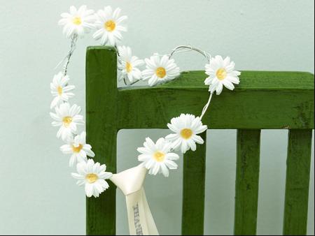 daisy-love - pretty, abstract, heart, yellow, hard, wood, photography, daisy, love, sweet, chair, flowers, fresh, white, nature, soft