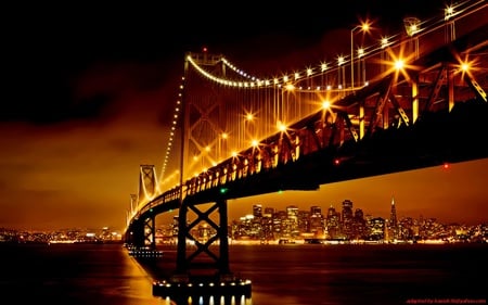 lighted bridge - landscape, night, light, bridge