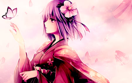 touhou - purple hair, hieda no akyu, pink kimono, touhou, butterfly, pink butterfly, purple, pink, kimono, flowers, short hair, japanese clothes