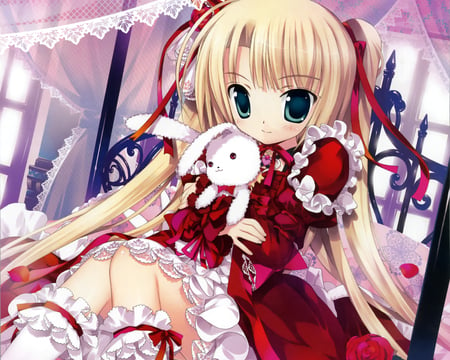 hello - twin tails, rabbit, dress, red dress, blonde hair, long hair, bunny, ribbons