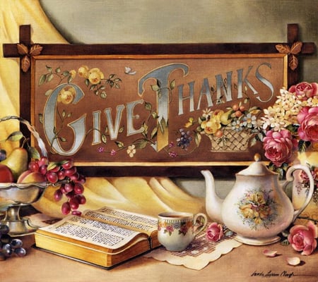 ~â™¥Happy Thanksgivingâ™¥~ - autumn, coffee, fruits, thanksgiving, tea, still life, book, fruit, cup, picture, fall, flowers