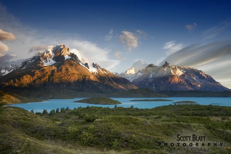 Patagonia Sunrise - vegetation, clouds, sunlight, blue, lake, mountains, sky