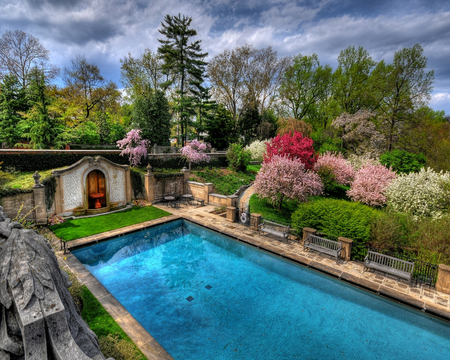 Fantasy pool - fantasy, water, blue, pool, yard, tree, old house