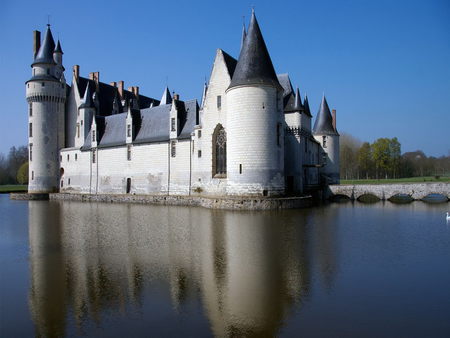 Chateau du Plessis, France - sky, refelction, blue, castle, water, light grey