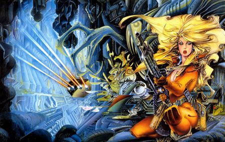 blond woman - woman, blond, gun, space