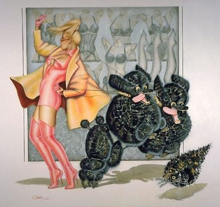 woman with dog - woman, black, dog, pink