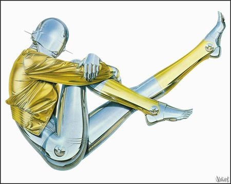 steel woman - woman, sitting, steel, yellow