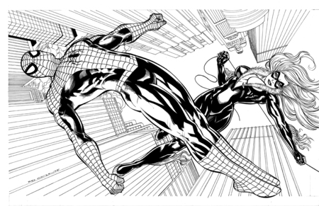 fight - spiderman, black cat, black and white, heroes