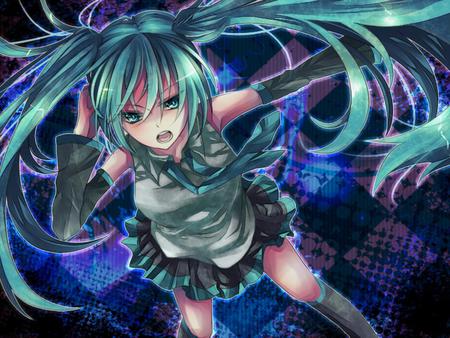 Hatsune Miku - tie, pretty, pink, contrast, headphones, nice, abstract, program, thighhighs, beauty, virtual, cute, aqua eyes, song, vocaloid, anime, blue, twintail, hatsune miku, microphone, music, aqua, purple, art, idol, skirt, beautiful, singer, girl, cool, miku, awesome, diva, aqua hair, hatsune, vocaloids, headset