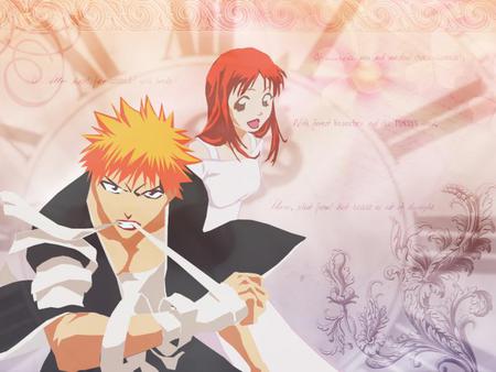 Orihime and Ichigo - anime, girl, pink, boy