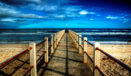 The Pier - clouds, water, blue, amazing, beach, beautiful, photography, ocean, pier, sun, sky, bridge