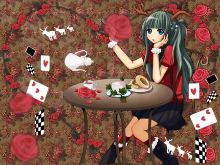 Hatsune Miku - pretty, heart, food, blackjack, flowers, nice, dessert, program, red rose, thighhighs, beauty, virtual, tea set, cute, reindeer, song, animals, vocaloid, anime, twintail, hatsune miku, music, aqua, gamble, red, idol, skirt, beautiful, table, singer, girl, tea, cool, black, colorful, cards, miku, awesome, diva, rose, aqua hair, hatsune, vocaloids