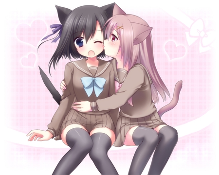 Two Cute Catgirls - blushing, beautiful, blush, wink, beauty, catgirls, beauties, black hair, cute, winking, adorable, thigh highs, school girls, anime girls, pink hair