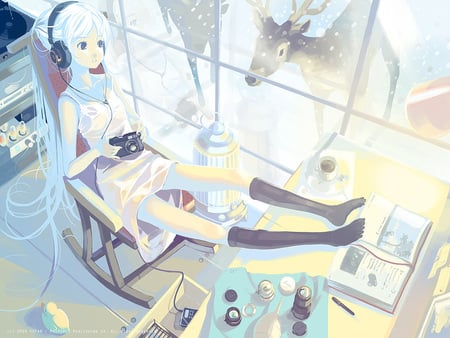 veiw of wonder on both sides - beauty, animals, long hair, anime girl, aqua hair, deer, snow, beautiful, headphones, cute