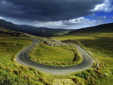 Healy Pass - road, scenic, grass, ireland, dark cloud, green, hairpin bend, drive, healy pass