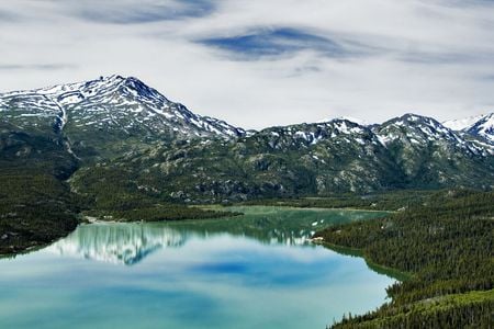 Peaceful Mountain Lake - lake, mountains, vegetation, clouds, blue, snow