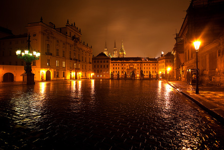 Castle at Night, Prague - lanterns, reflection, castle, cobble stones, wet