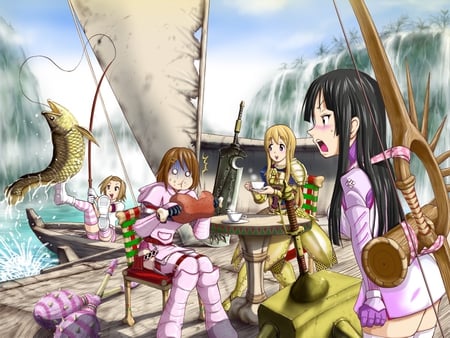 Something Fishy going on - beauty, tsumugi, water, beauties, kotobuki, black hair, brown hair, mio, hirasawa, sword, cute, boat, akiyama, tainaka, long hair, monster hunter, yui, pink, beautiful, fish, weapon, kon, ritsu, blush, weapons