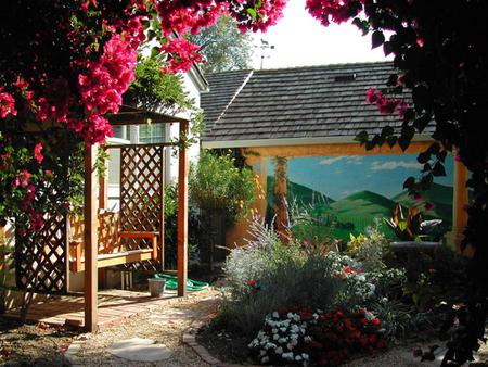 house flowers garden - white, red, bench, art photo, roses, beautiful, house, flowers garden