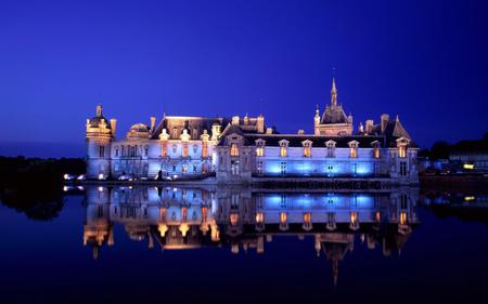 Castle at Night - water, lights, dark blue, reflection, castle