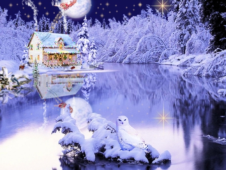 Christmas on the river - snow, winter, holiday, tree, christmas