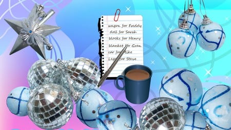 Getting Ready For Christmas - balls, cocoa, christmas list, decorations, blue, pastel, pen, firefox persona