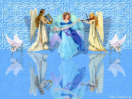 Angels in concert - angel, snow, blue, winter, holiday, christmas