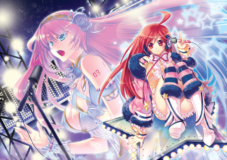 Megurine Luka & Miki - pretty, stage, pink, luka, red hair, headphones, nice, hot, thighhighs, megurine, city, beauty, white, lights, megurine luka, cute, aqua eyes, song, sexy, vocaloid, anime, city lights, microphone, music, red, pink hair, sky, clouds, beautiful, singer, cool, buildings, miki, awesome, vocaloids, headset