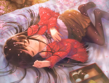 sleeping - sleeping, outside, skirt, no shoes, long hair, snowing, cute, brown hair