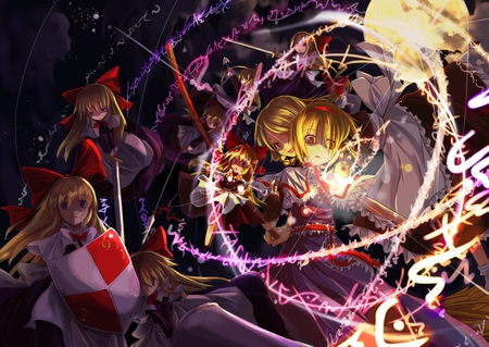 touhou - moon, red ribbon, magic, blonde hair, touhou, red, kirisame marisa, full moon, sorano eika, shanghai, alice margatroid