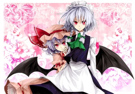 touhou - hat, maid, pink, red eyes, izayoi sakuya, touhou, wings, gray hair, remilia scarlet