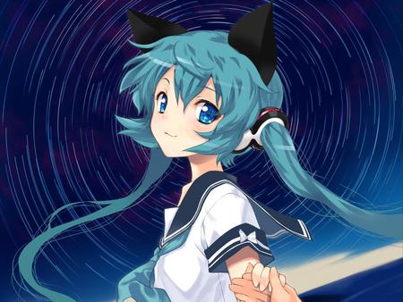 Catgirl Miku - tie, pretty, ears, swirl, uniform, cat ears, animal, nice, program, neko, beauty, virtual, love, white, holding hands, cute, aqua eyes, song, vocaloid, anime, twintail, hatsune miku, music, aqua, idol, beautiful, singer, girl, cool, cat, black, miku, awesome, diva, aqua hair, hatsune, vocaloids