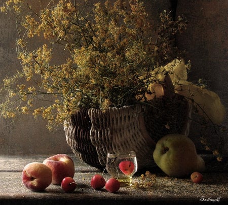 Pretty Wild - branches, peaches, glass, pear, basket, fruit, wicker, wood, cherries, wild, table, liquid flowers, twigs