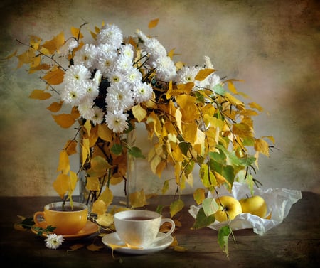 Autumn Pleasures - cups, vase, yellow, table, mums, tea, saucer, leaves, colours, fall, apples, white, golden