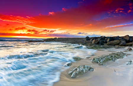 Milky flow - sunset, beach, sea, wave, rocks, sky