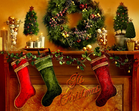 It's Christmas - christmas, wreath, stockings, garland, mantle